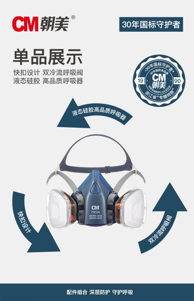 朝美7502A头戴式蓝色硅胶半面罩防毒面具2